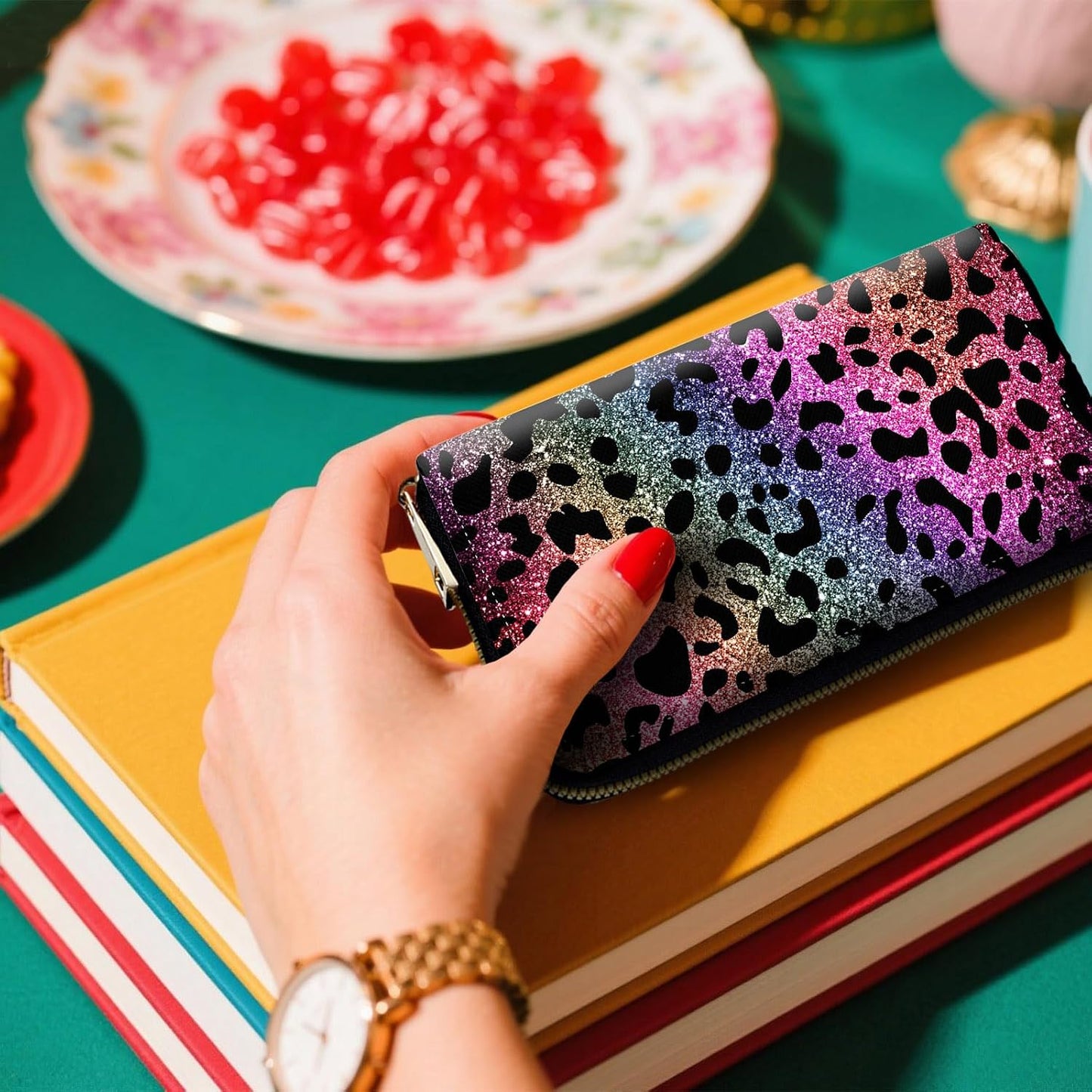 HOTRFID-Blocking Zip Around Wallets for Women with Detachable Wrist Strap, Large Capacity Credit Card Holder for Secure Everyday Use,Rainbow Glitter Leopard Print