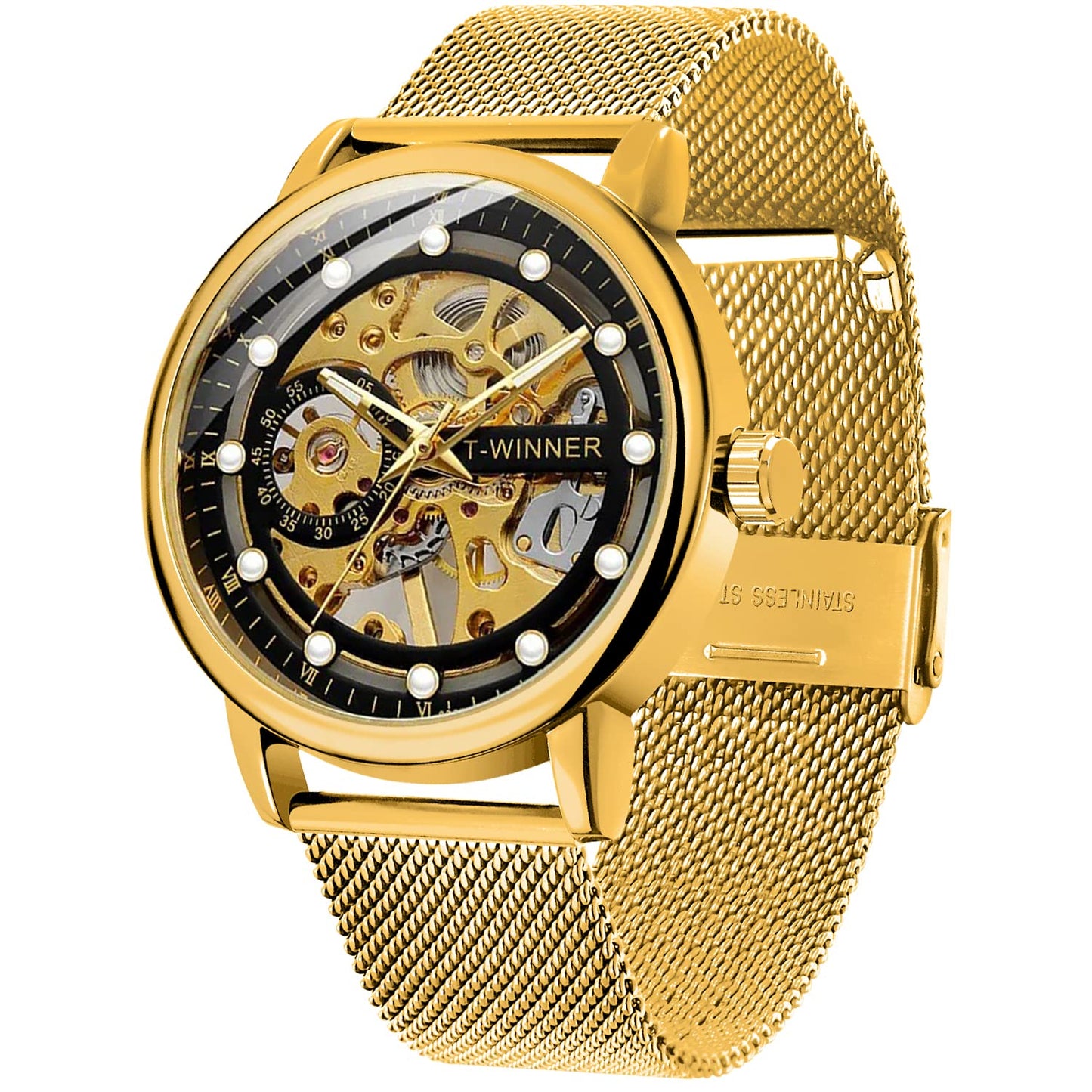 HOTMen's Skeleton Mechanical Roman Numeral Mesh Strap Watch, Hand Winding Mechanical Mesh Luminous Waterproof Watch for Men