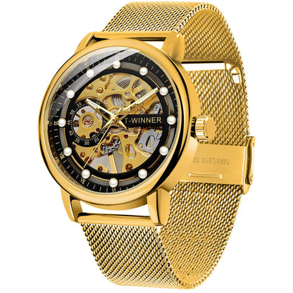 HOTMen's Skeleton Mechanical Roman Numeral Mesh Strap Watch, Hand Winding Mechanical Mesh Luminous Waterproof Watch for Men