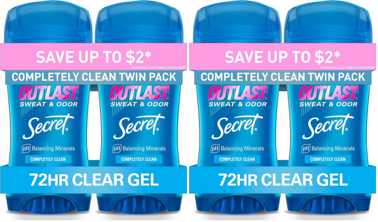 HOTSecret Outlast Antiperspirant Deodorant for Women, 72hr Sweat & Odor Protection, PH Balancing Minerals, Pro-Hyaluronic Acid, Clear Gel, Completely Clean Scent, 2.6 oz (Pack of 2)