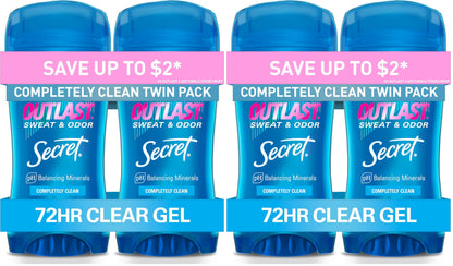 HOTSecret Outlast Antiperspirant Deodorant for Women, 72hr Sweat & Odor Protection, PH Balancing Minerals, Pro-Hyaluronic Acid, Clear Gel, Completely Clean Scent, 2.6 oz (Pack of 2)