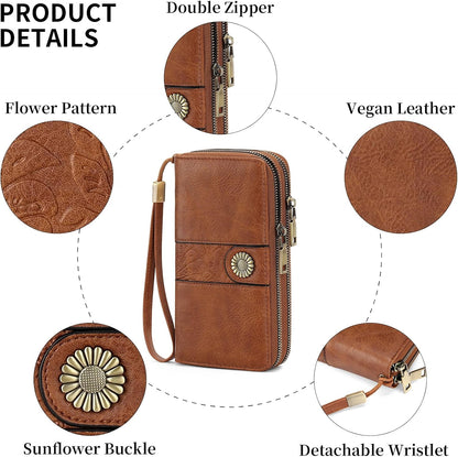 HOTSENDEFN Wallet for Women Leather Double Zipper RFID Blocking Card Holder, Large Capacity Clutch Wallet with Wristlet