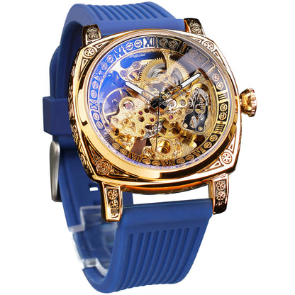 HOTFORSINING Watches for Man, Square Retro Mechanical Watch Self-Wind Carved, Skeleton Automatic Watches Vintage Leather Strap Wristwatch