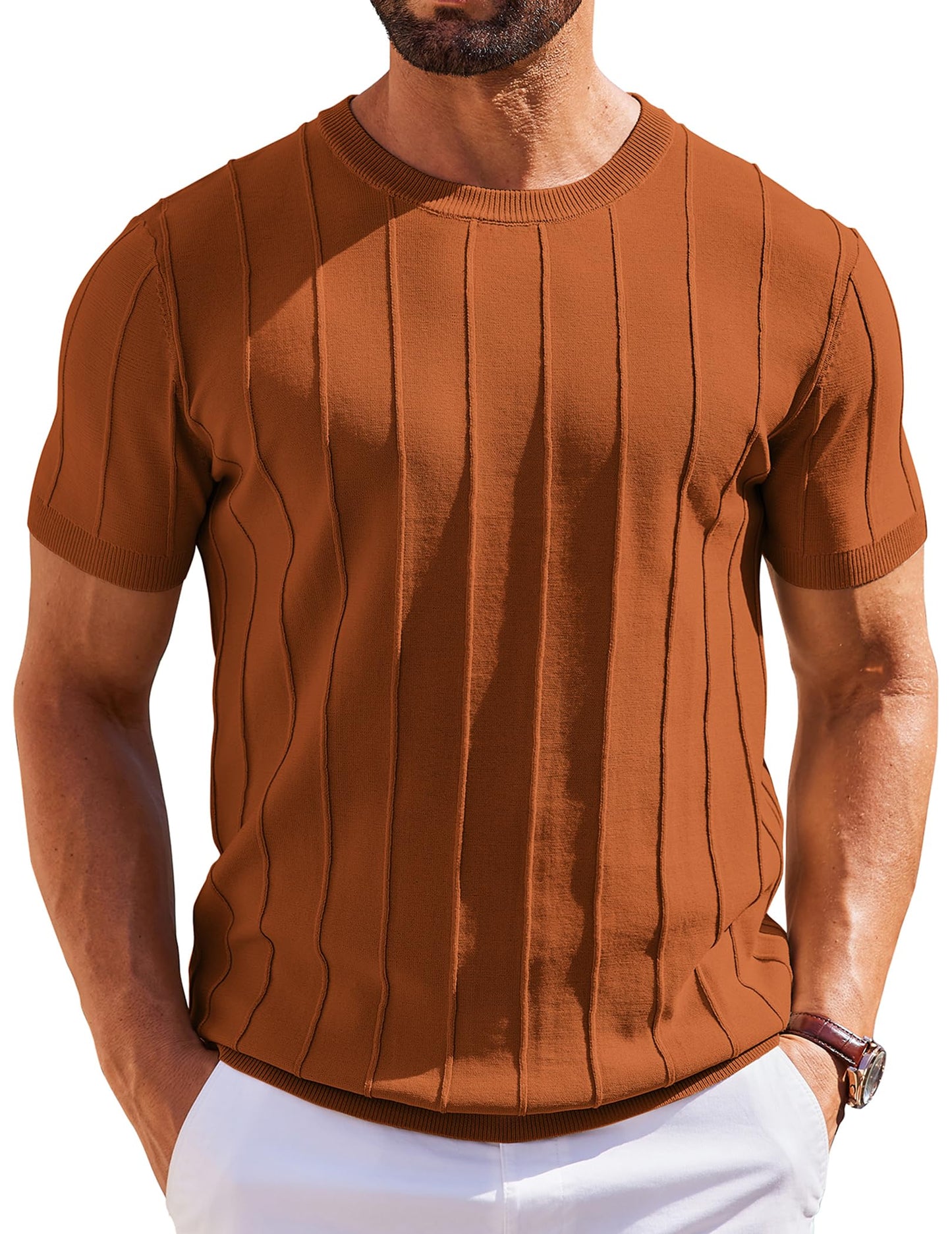 HOTCOOFANDY Men's T- Shirts Short Sleeve Knit Sweater Shirt Casual Crewneck Ribbed Pullover Tees