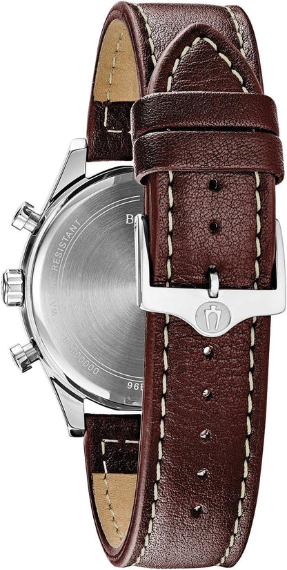 HOTBulova Men's Classic Stainless Steel 6-Hand Chronograph Quartz Leather Strap Watch with Grey Dial, Gold Accents, Arabic Markers, 41mm