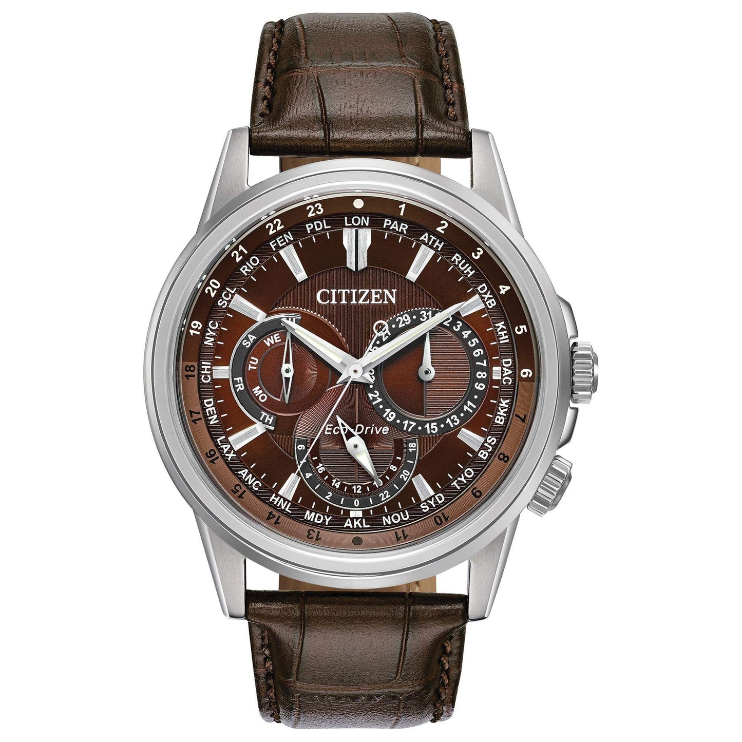 HOTCitizen Men's Eco-Drive Calendrier Classic Watch, 12/24 Hour Time, 3-Hand Day and Date, Chronograph, Luminous Hands