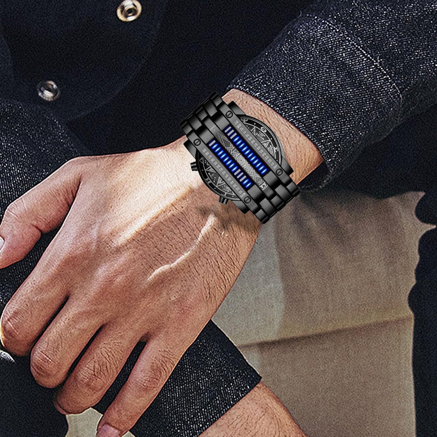 HOTFANMIS Creative Mens Binary Matrix Blue LED Digital Watch Fashion Classic Black Plated Waterproof LED Backlight Bracelet Watches