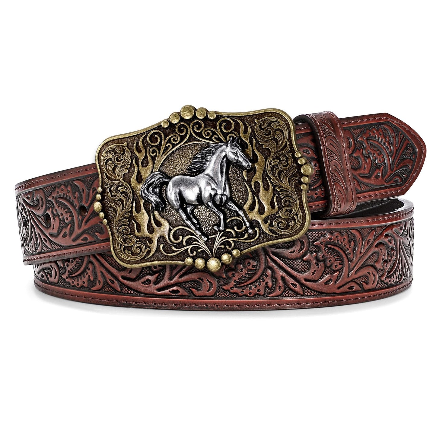 HOTCowboy Cowgirl Belt Western Belts for Men Women Floral Engraved Longhorn Bull Buckle Belt for Jeans