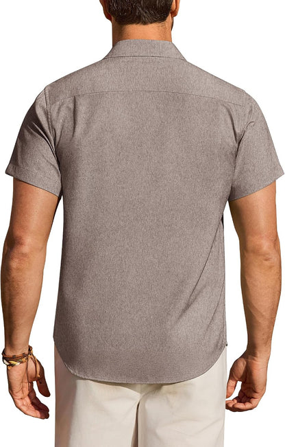HOTMens Linen Shirt Short Sleeve Wrinkle Free Casual Untucked Button Down Shirts Beach Breathable Tops Summer