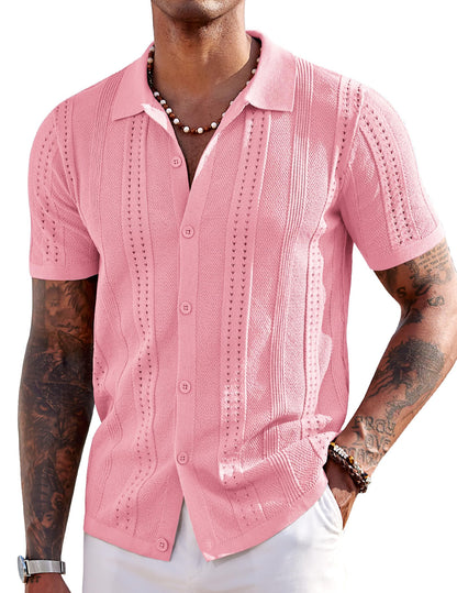 HOTCOOFANDY Men's Knit Shirts Short Sleeve Button Down Polo Shirt Fashion Casual Summer Beach Shirts