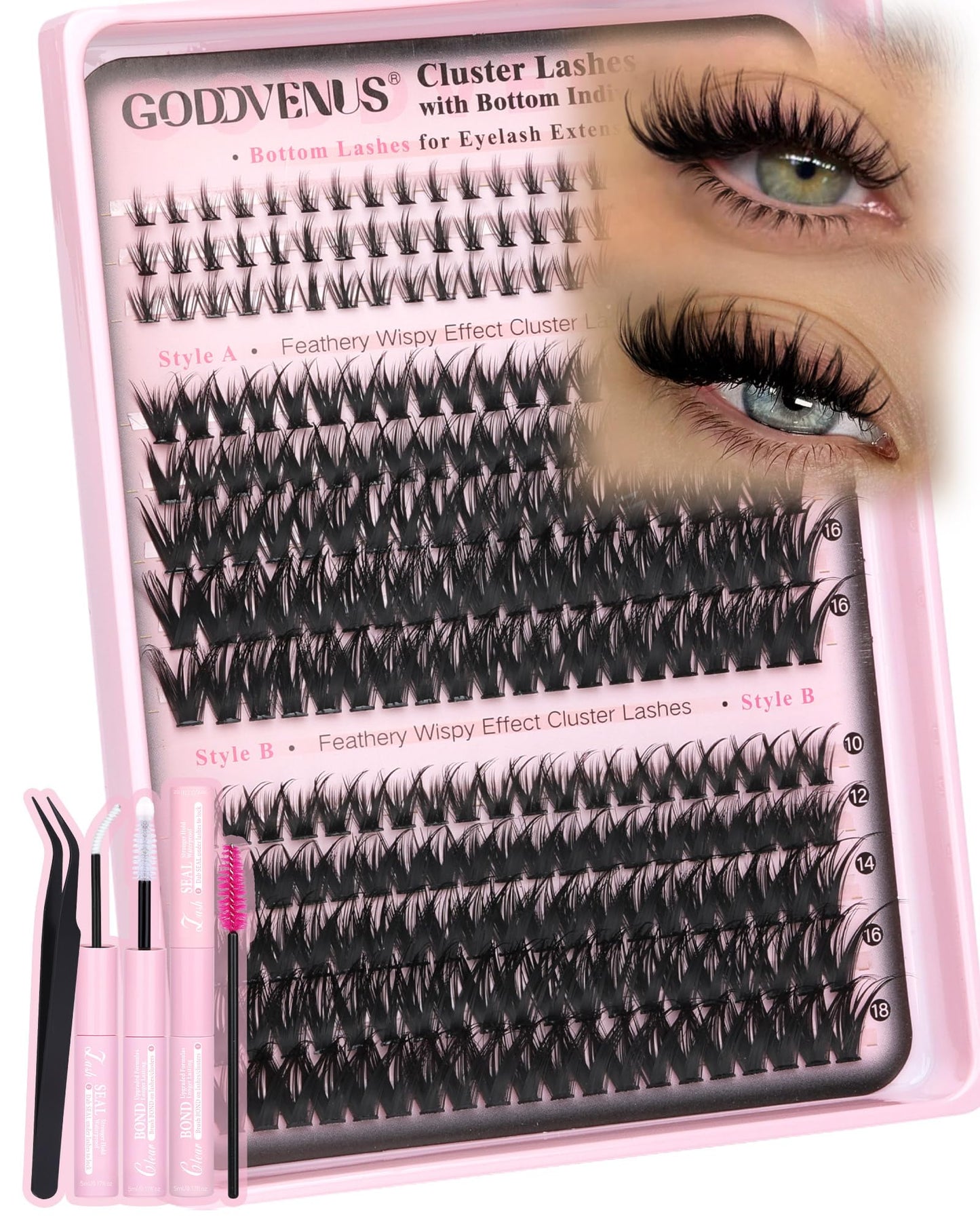 HOTGoddvenus Lash Clusters Kit Wispy Eyelash Clusters Lashes Natural DIY Lash Extension Kit 10-16mm Cluster Eyelash Extensions Kit 300pcs C Curl Individual Lashes Cluster Eyelash (No Tweezers)