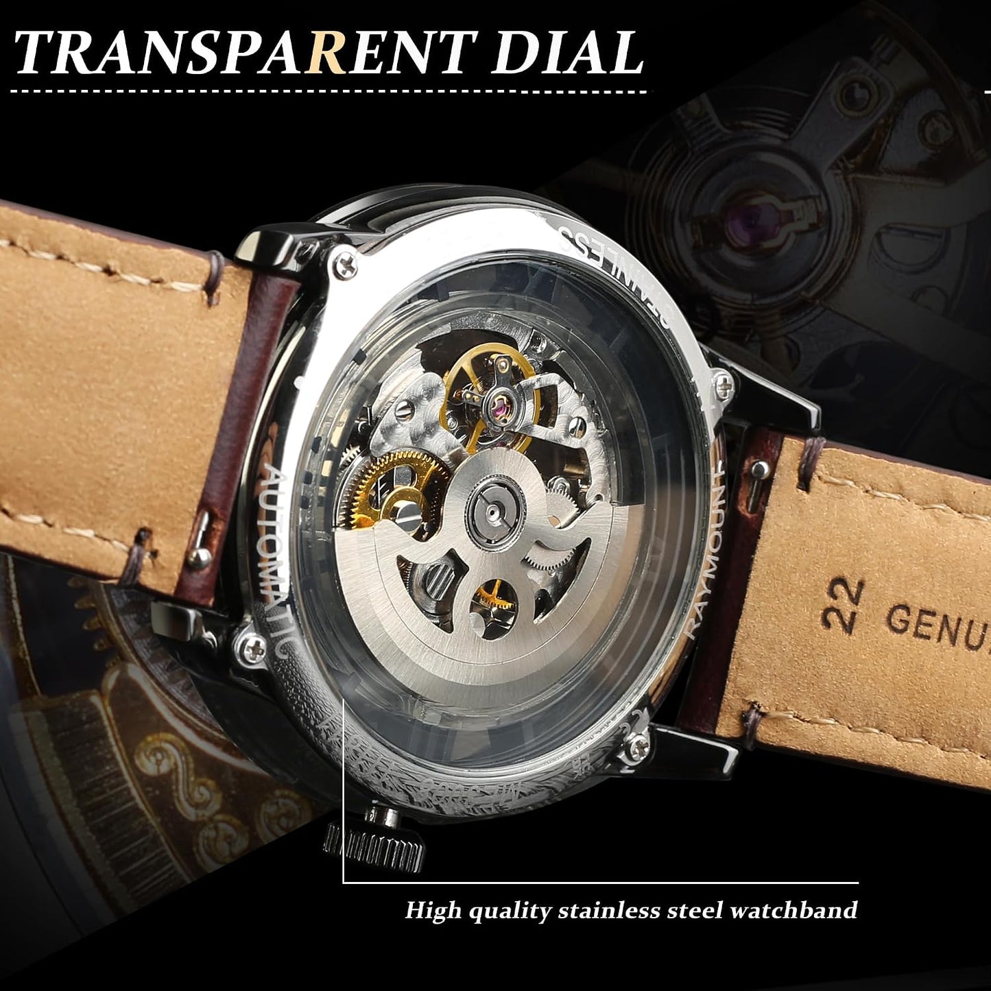 HOTFORSINING Men's Automatic Watch with Mechanical Movement, Skeleton Dial and Leather Band