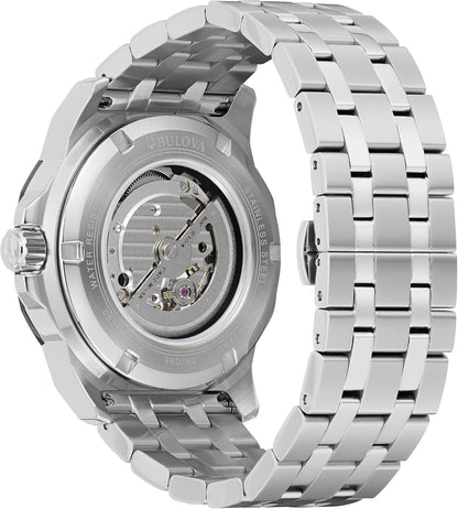 HOTBulova Marc Anthony Men's Automatic Marine Star Stainless Steel Watch,Open Aperture,Exhibition Case Back,Diamond Accent Blue Sunray Dial, (Model:98D184)