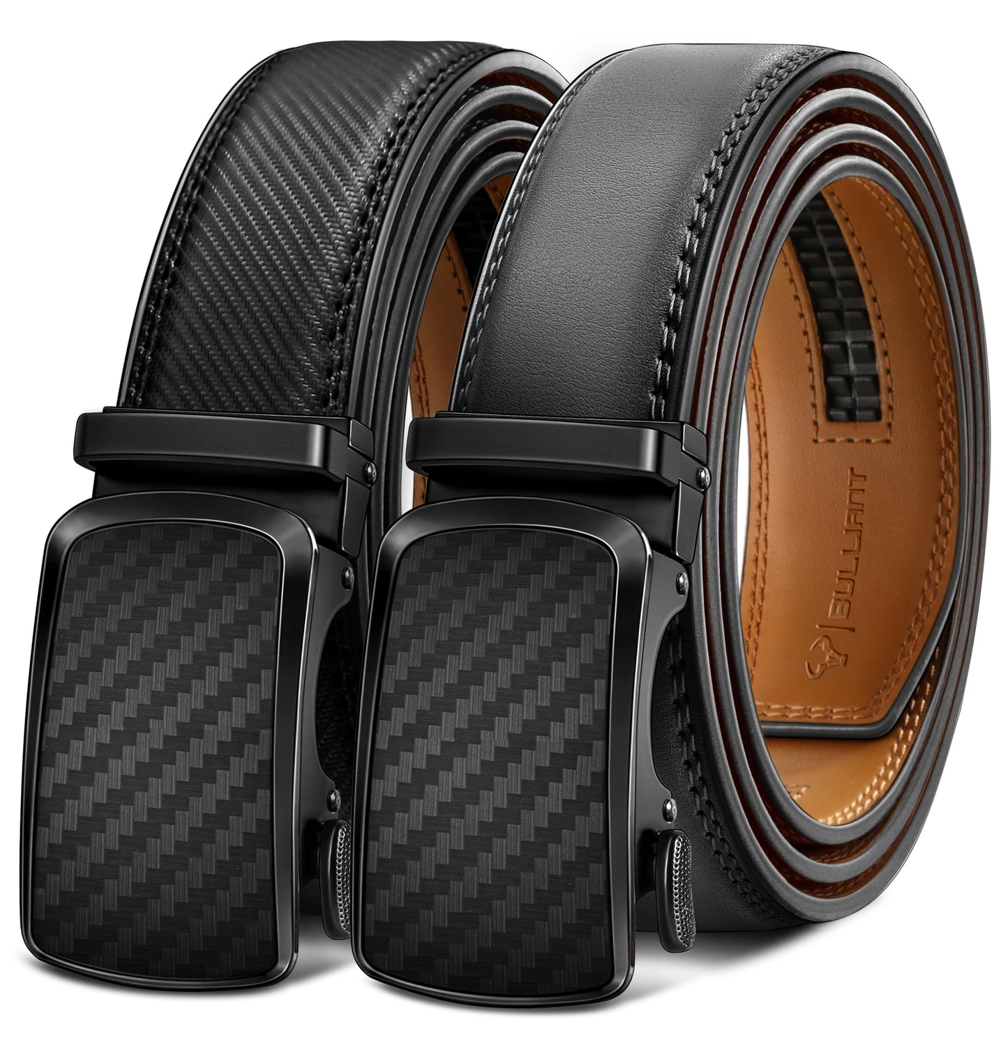 HOTBULLIANT Men's Ratchet Leather Belt Trimmable 2Pack 1 3/8"-Gift Boxed | Smooth Sliding | Precise Fit | Tailored Size | Holeless for Dress or Casual
