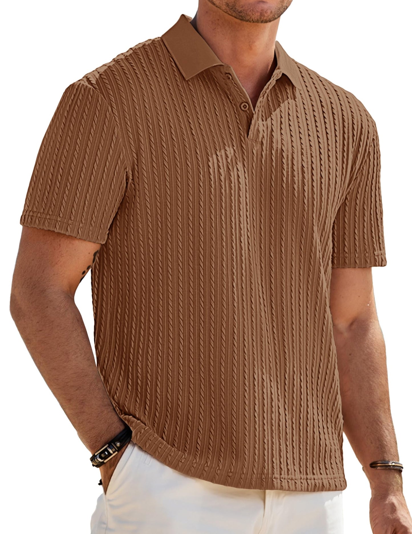 HOTJMIERR Mens Casual Polo Shirt Summer Short Sleeve Vacation Button Beach Knit Stretchy Golf Shirts