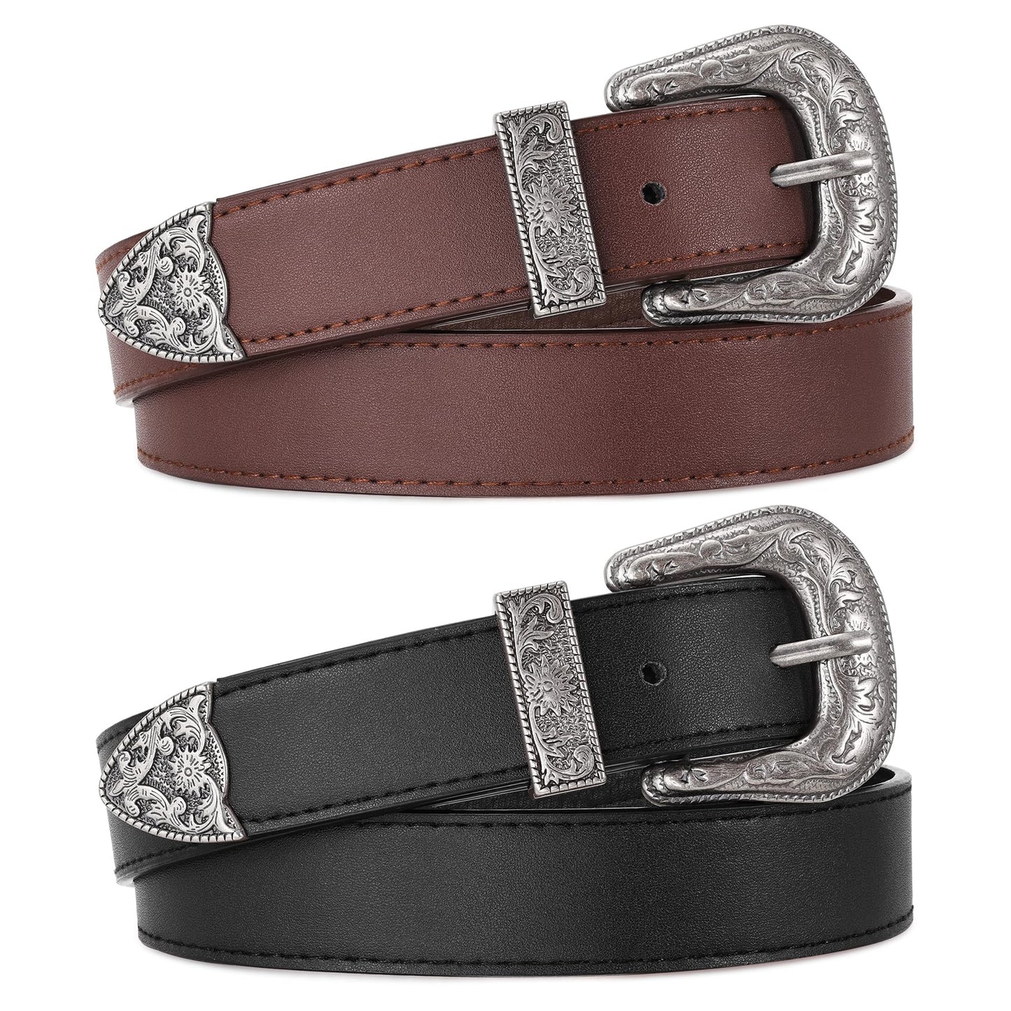 HOTWERFORU 2 Pack Women Western Leather Belts for Jeans Western Belts with Big Buckle Country Belts for Cowgirls