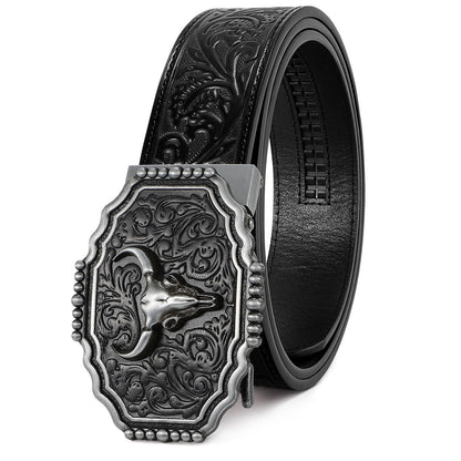 HOTSANSTHS Western Cowboy Ratchet Belts for Men Women Leather Cowboy Belt with Automatic Western Buckle for Jeans Gifts