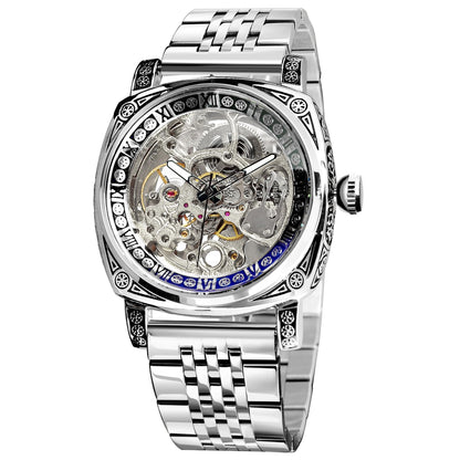 HOTFORSINING Watches for Man, Square Retro Mechanical Watch Self-Wind Carved, Skeleton Automatic Watches Vintage Leather Strap Wristwatch