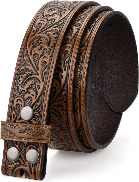 HOTTRIWORKS Western Belt Strap for Men without Buckle 1.5" Wide Floral Engraved Embossed Leather Belt Strap