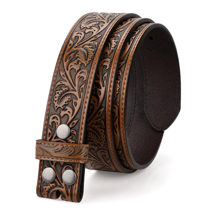 HOTTRIWORKS Western Belt Strap for Men without Buckle 1.5" Wide Floral Engraved Embossed Leather Belt Strap