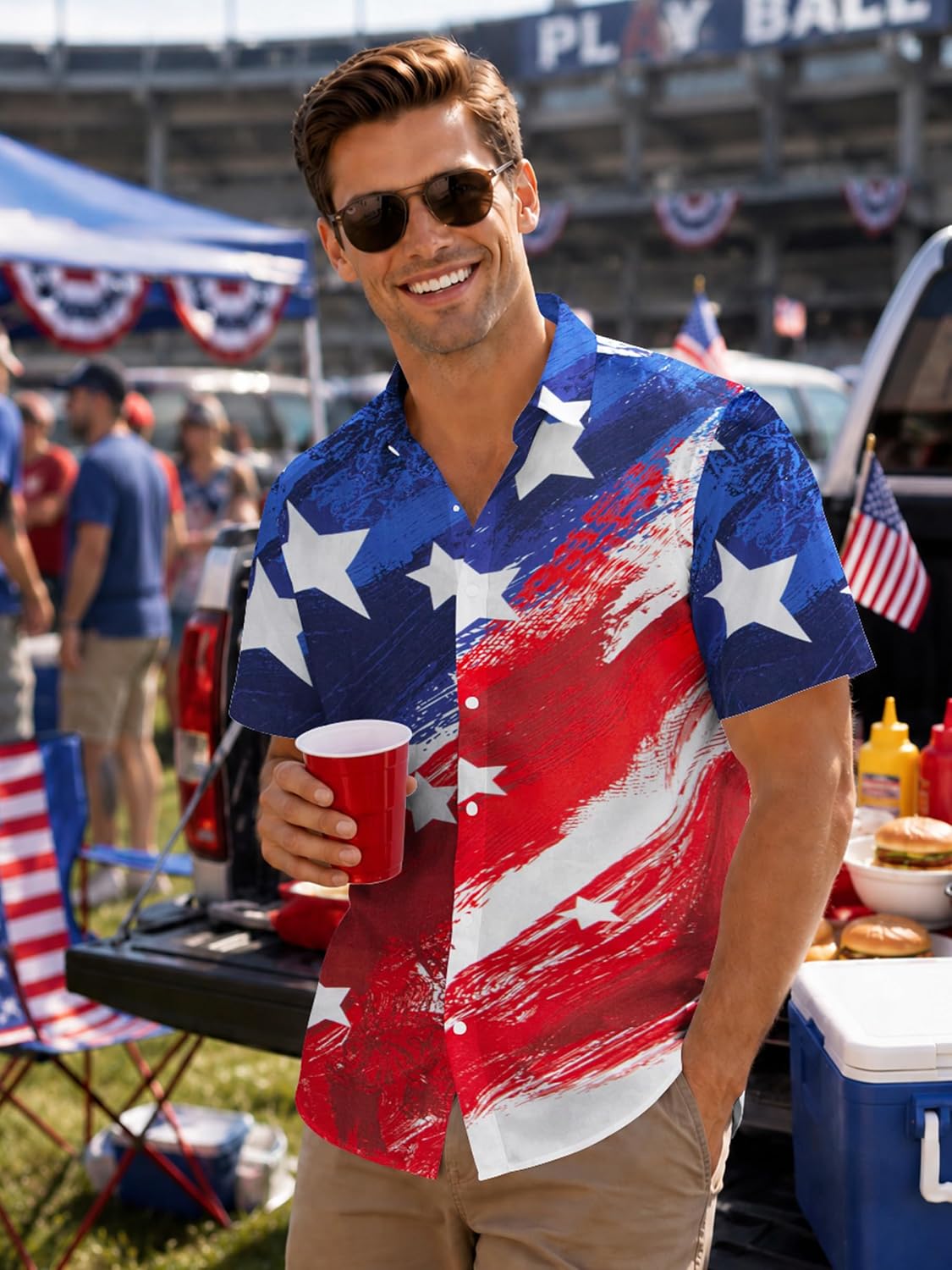 HOTYoimira 4th of July Shirts for Men,Patriotic Grunge Concept USA Flag Button-Down Casual Short Sleeve Hawaiian Shirts for Men