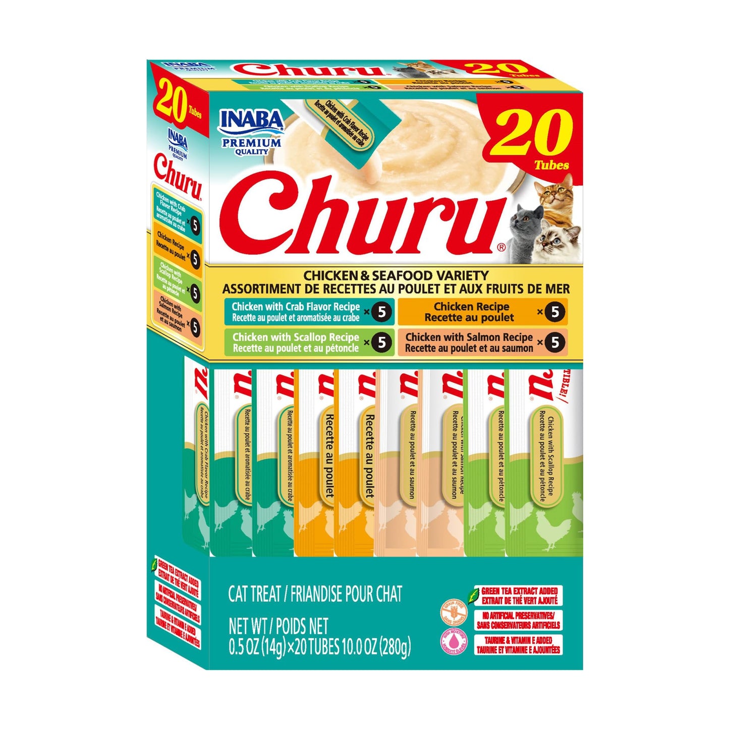 HOTINABA Churu Cat Treats, Lickable, Squeezable Creamy Purée Cat Treat with Green Tea Extract & Taurine, 0.5 Ounces Each Tube, 60 Tubes, Chicken Variety Box