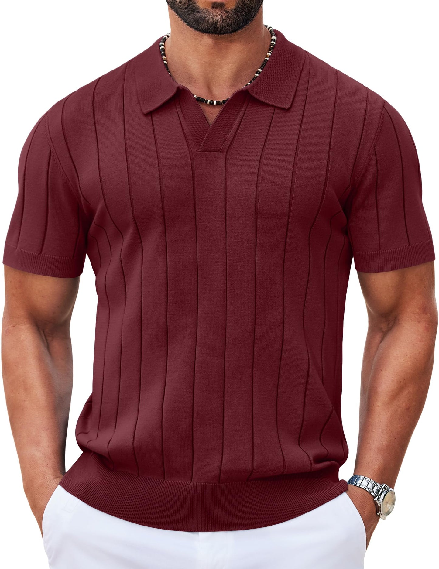 HOTCOOFANDY Mens Polo Shirts Short Sleeve V Neck Knit Shirts for Men Casual Old Money Clothes Mens Golf Shirt