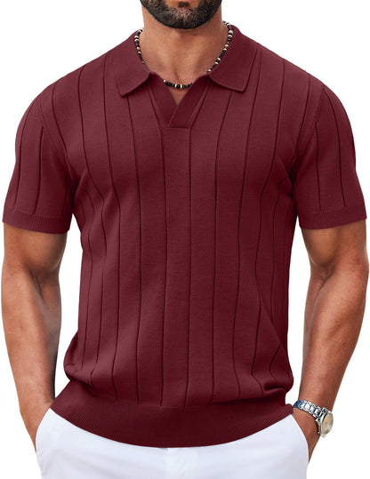 HOTCOOFANDY Mens Polo Shirts Short Sleeve V Neck Knit Shirts for Men Casual Old Money Clothes Mens Golf Shirt