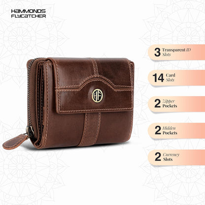 HOTHAMMONDS FLYCATCHER Wallet for Women - Genuine Leather Ladies Wallet - 14 Card Slots - RFID Protection - 3 ID Card Slots -RFID Wallet women -Daily Use, Women Money Purse - Blazing Brown