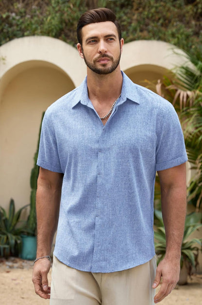 HOTMens Linen Shirts Short Sleeve Casual Shirt Button Down Summer Beach Vacation Tops Men Casual Dress Shirts Breathable