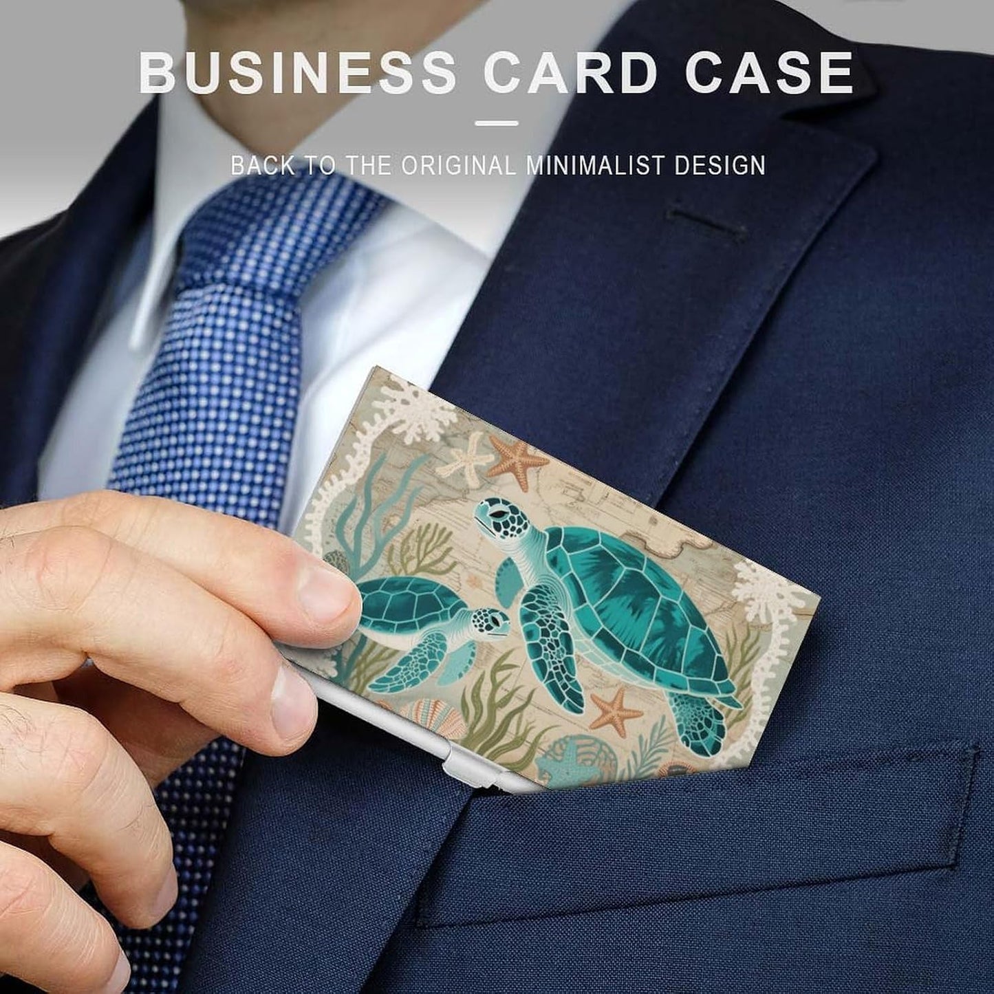 HOTBusiness Card Holder Case Slim, Aluminum Alloy, Credit Card Organizer Nautical Green Sea Turtles Beach for Men Women