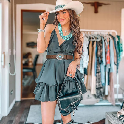 HOTXZQTIVE Women Western Leather Belt Vintage Country Belts For Cowgirl Jeans Dresses Ladies Concho Belt With Turquoise Buckle