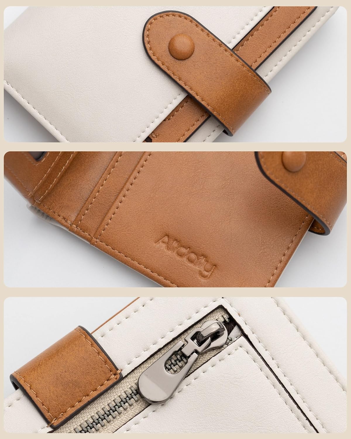 HOTAlldaily Small Slim RFID Blocking Leather Wallet for Women, Bifold with 10 Card Slots and Coin Pocket (White&Brown)