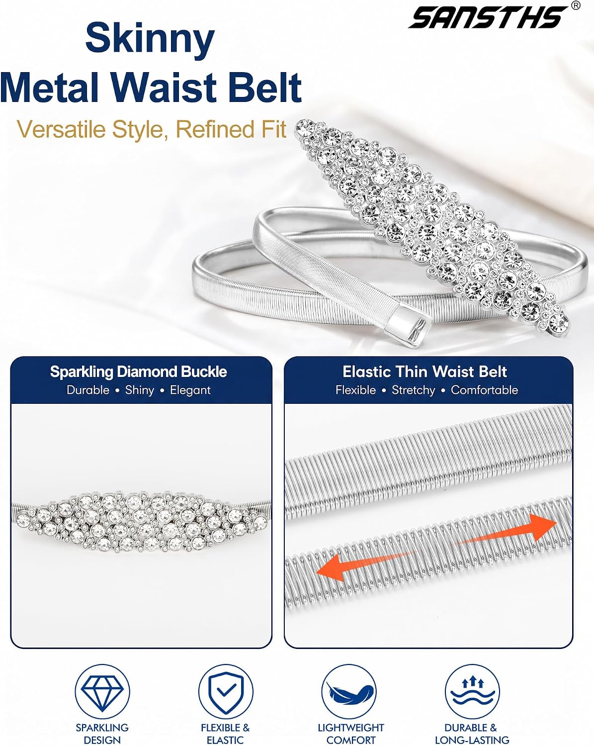 HOTSANSTHS Silver Rhinestone Elastic Waist Belt for Women, Metal Skinny Ladies Belt for Dresses Wedding Party Formal Occasions