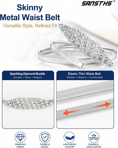 HOTSANSTHS Silver Rhinestone Elastic Waist Belt for Women, Metal Skinny Ladies Belt for Dresses Wedding Party Formal Occasions
