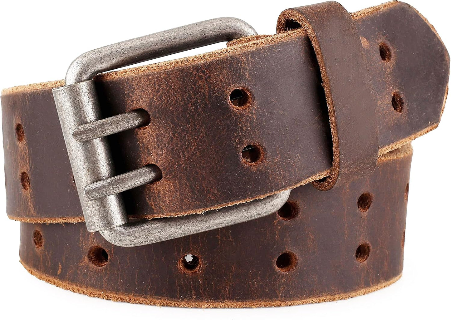 HOTF&L CLASSIC Leather Work Belt, Heavy Duty Double Prong full grain Leather Belts for Men 1 1/2", Mens Casual Belts for Jeans