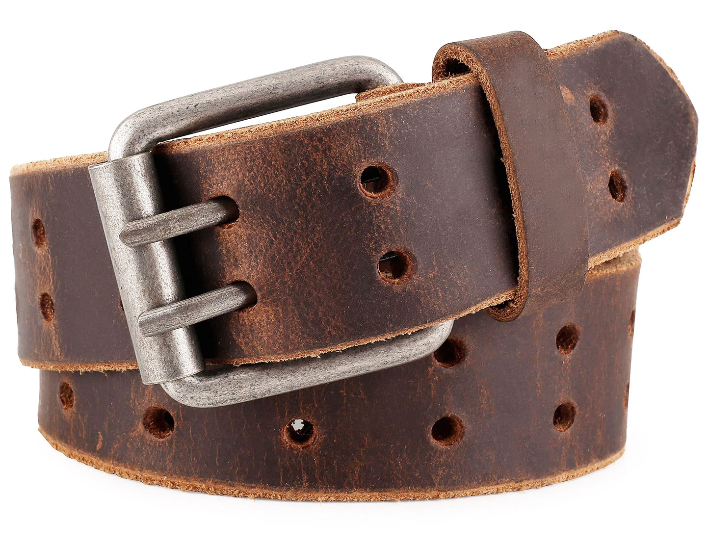 HOTF&L CLASSIC Leather Work Belt, Heavy Duty Double Prong full grain Leather Belts for Men 1 1/2", Mens Casual Belts for Jeans