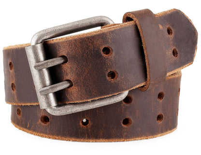 HOTF&L CLASSIC Leather Work Belt, Heavy Duty Double Prong full grain Leather Belts for Men 1 1/2", Mens Casual Belts for Jeans