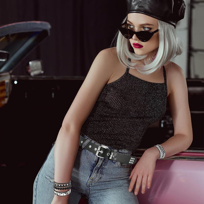 HOTYMO Black Studded Belt, Studded Bracelet Emo Bracelets Punk Rock Spiked Cuffs Goth Rivet Spiked Bracelets Grunge Emo Accessories for Women Men