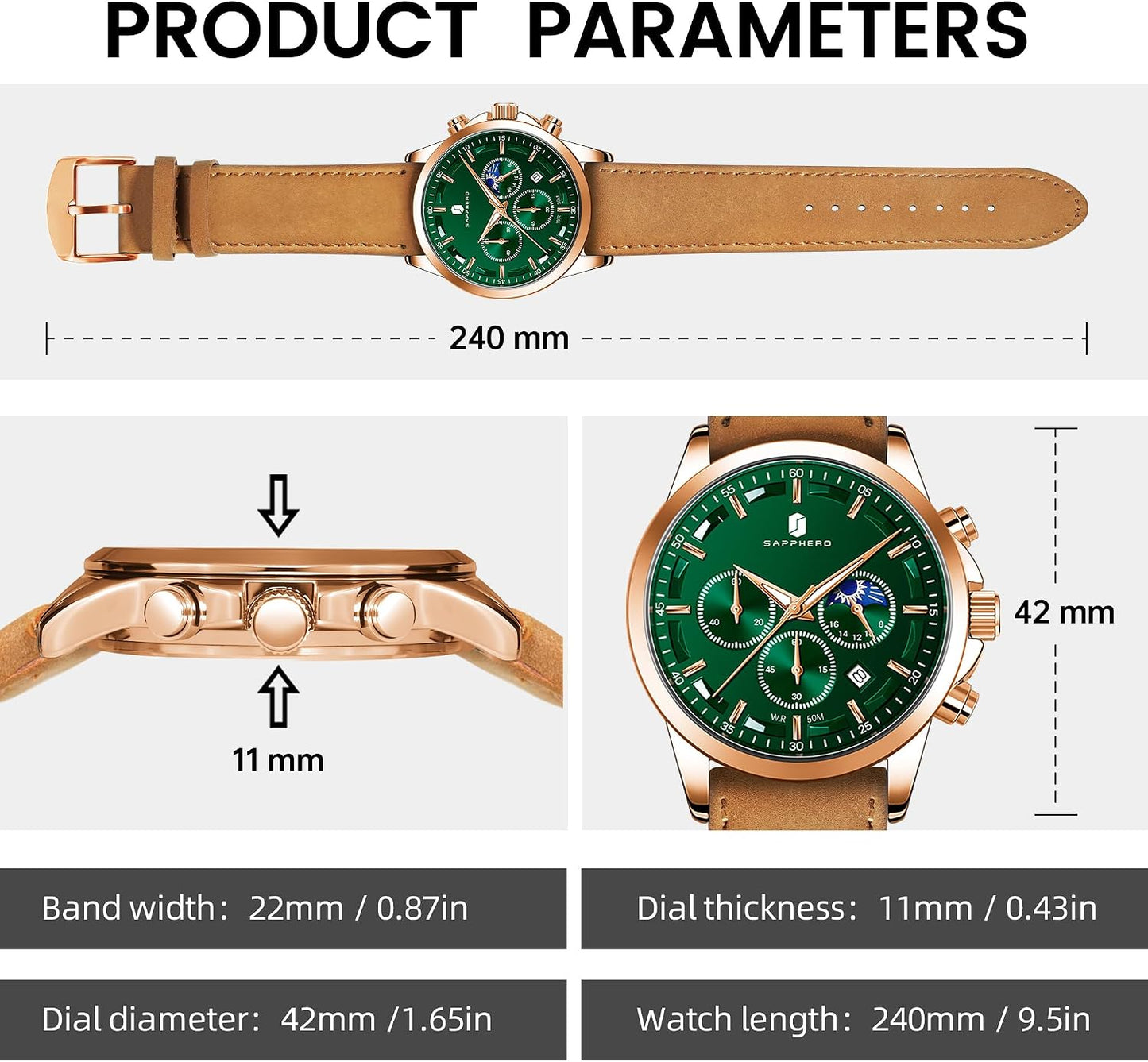 HOTBENYAR Mens Watches Analog Quartz Chronograph Waterproof Wrist Watches for Men Fashion Business Work Casual Sport Designer Dress Watch with Calendar Elegant Gifts for Men