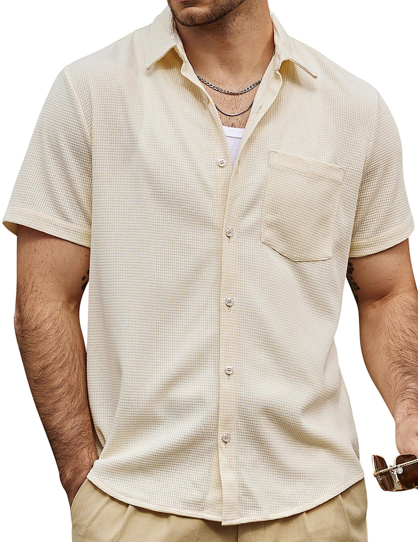 HOTVATPAVE Mens Casual Waffle Shirt Short Sleeve Button Down Summer Shirts | Beach, Untucked, Camp, Daily, Work, Family Photo, Old Money, Vacation, Collared, Wedding, Date, Cruise, Going Out, Pocket