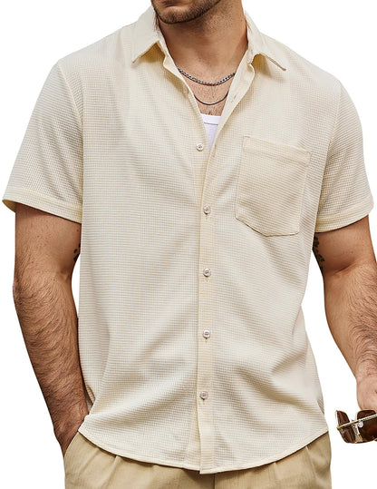HOTVATPAVE Mens Casual Waffle Shirt Short Sleeve Button Down Summer Shirts | Beach, Untucked, Camp, Daily, Work, Family Photo, Old Money, Vacation, Collared, Wedding, Date, Cruise, Going Out, Pocket