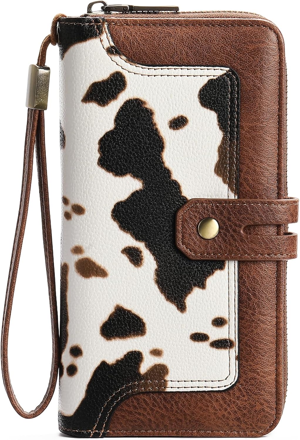 HOTGOIACII Wristlet Wallets for Women Large Capacity RFID Blocking Ladies Phone Clutch Card Holder Cow Print Brown