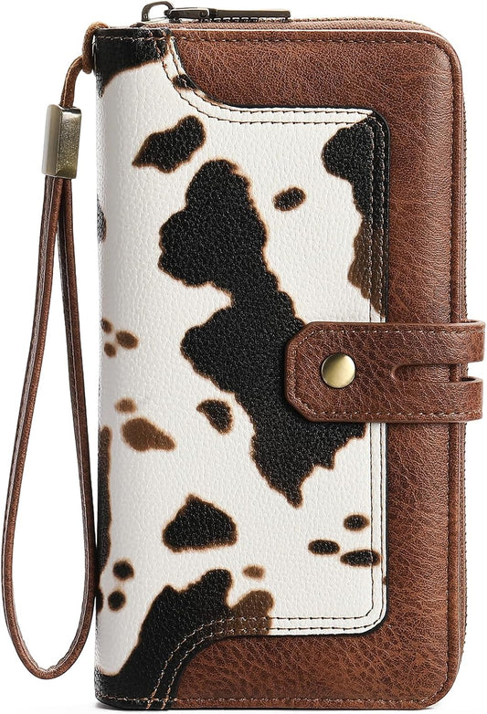 HOTGOIACII Wristlet Wallets for Women Large Capacity RFID Blocking Ladies Phone Clutch Card Holder Cow Print Brown
