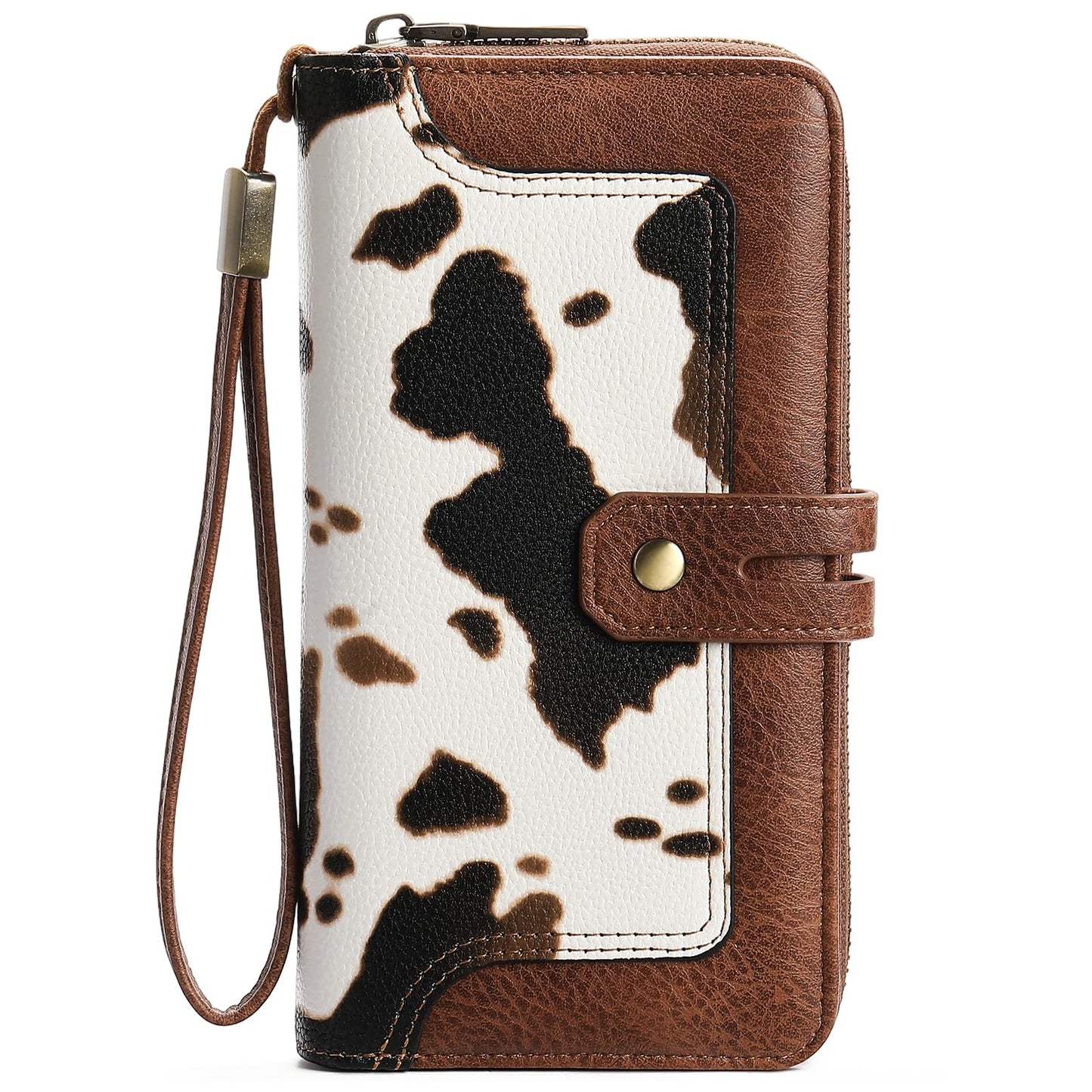 HOTGOIACII Wristlet Wallets for Women Large Capacity RFID Blocking Ladies Phone Clutch Card Holder Cow Print Brown