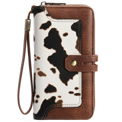 HOTGOIACII Wristlet Wallets for Women Large Capacity RFID Blocking Ladies Phone Clutch Card Holder Cow Print Brown