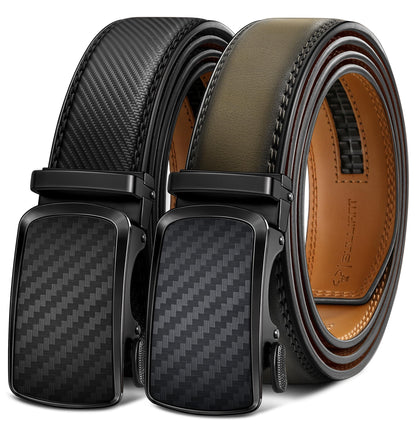 HOTBULLIANT Men's Ratchet Leather Belt Trimmable 2Pack 1 3/8"-Gift Boxed | Smooth Sliding | Precise Fit | Tailored Size | Holeless for Dress or Casual