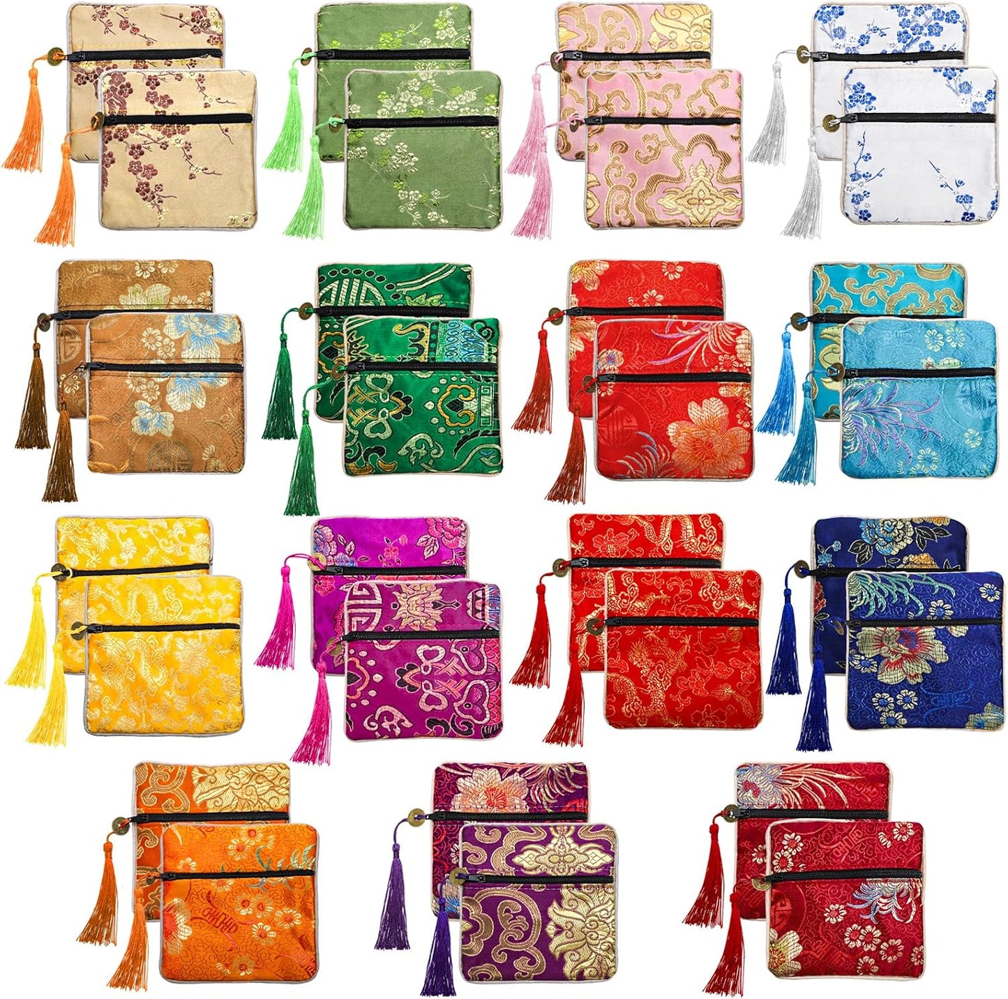 HOTZOOFOX 30 Pieces Silk Jewelry Pouch, Brocade Embroidered Coin Purse with Zipper and Tassel, Small Gift Bags for Small for Jewelry Wedding Party Favor Chinese New Year Goodie Candy Bags