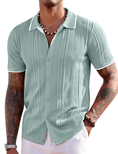 HOTCOOFANDY Men's Knit Shirts Short Sleeve Button Down Polo Shirt Fashion Casual Summer Beach Shirts