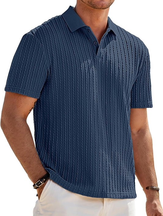 HOTJMIERR Mens Casual Polo Shirt Summer Short Sleeve Vacation Button Beach Knit Stretchy Golf Shirts